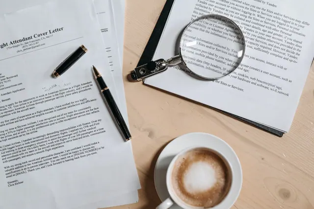 A top view of coffee and job application documents with a magnifying glass on a wooden desk. Federal grants cost: fees, pricing and hidden expenses