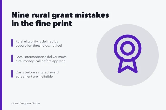 Card listing rural grant mistakes: eligibility rules, local intermediaries, pre-award costs. Nine rural business grant mistakes hiding in the fine print