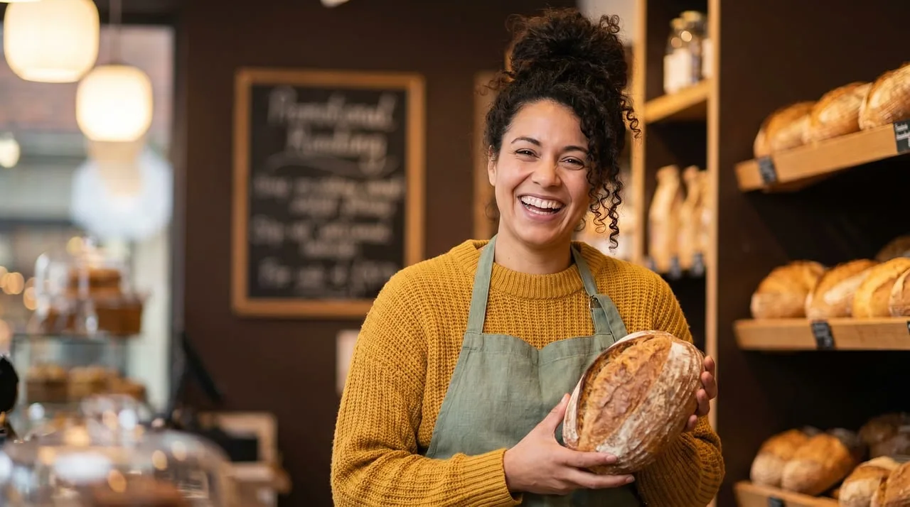 baker, bakery, woman, smiling, happy, bread, craft, freshly baked, small business, owner, entrepreneur, authentic, commercial, food, product, organic, delicious, successful, natural ingredients, artisan product. Veteran business grant mistakes when a thank-you offer arrives